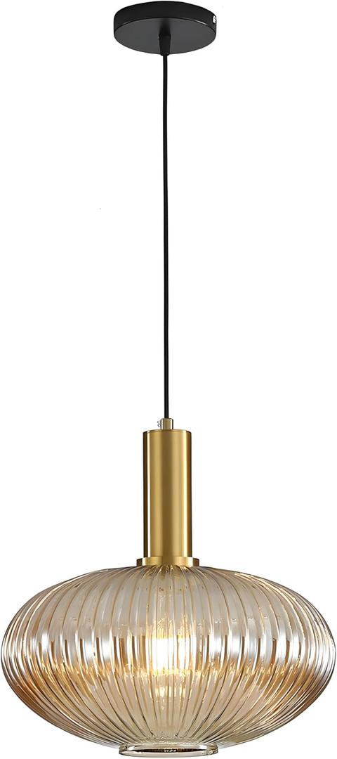 Modern Pendant Light Fixtures for Kitchen Island, Farmhouse Striped Glass Pendant Lighting with Gold Socket, Stylish Ceiling Light for Dining Room and Living Room (11.81'', Amber)