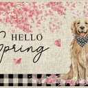 Dlzdn Hello Spring Dog Door Mat Golden Retriever Cherry Blossom Floral Decorative Doormat Holiday Non-Slip Rubber Backed Entryway Rugs for Indoor Outdoor Entrance Floor 17 x 30 Inch
