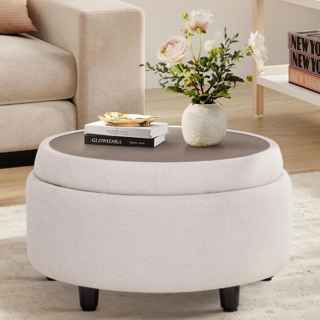 COLAMY Fabric Round Storage Ottoman with Reversible Tray Lid  Multi-Functional Footrest, Hidden Storage, Sturdy & Stylish Small Coffee Table for Living Room, Bedroom, or Entryway(Beige)