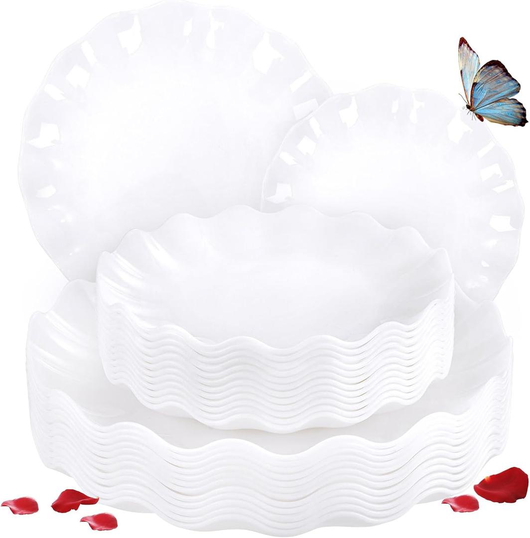 LIYH 24 Pcs White Plastic Plates Reusable - Unbreakable Party Plates, Microwave & Dishwasher Safe Camping Plate Sets Perfect for Parties, Birthday, Picnics, BPA Free (12Guests)
