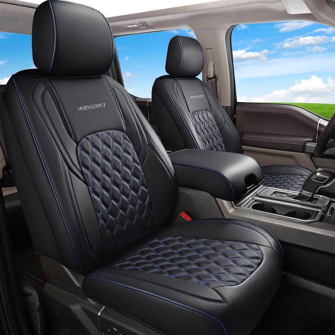 Huidasource Truck Seat Covers Fit for Chevy Silverado GMC Sierra 1500 2007-2013 & 2019-2025, 2500HD 3500HD 2020-2025 Crew Double Extended Cab Pickup Leather Car Seat Cover (Full Set/Black&Blue)
