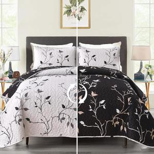 DJY Floral Quilt Set King Size 3 Piece Botanical Leaves White and Black Floral Bedding Set