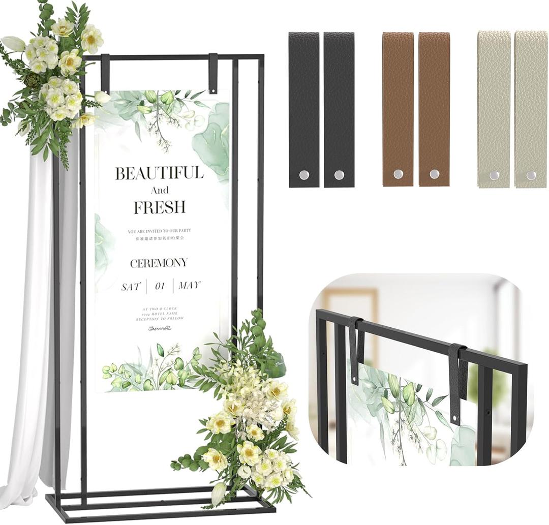 Wedding Welcome Sign Stand, 66H Adjustable Heavy Duty Easel Stand for Sign with Leather Straps, Welcome to Our Wedding Sign Holder, Metal Display Stand Easels for Signs, Posters (Black)