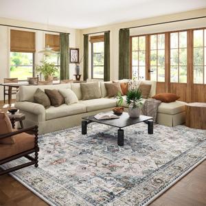 9x12 Area Rugs for Living Room: Washable Bedroom Rug Boho Vintage Rugs Stain Resistant Non Slip Low Pile Soft Lightweight Carpet for Kitchen Dining Room Farmhouse Nursery Kids Room Home Office (Blue and Cream)