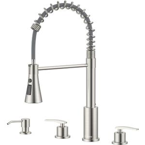 DAYONE 4 Holes Kitchen Faucet Brushed Nickel, Commercial 3 Hole Kitchen Sink Faucet with Soap Dispenser, 2 Handle High Arc Stainless Steel Faucet for Sink