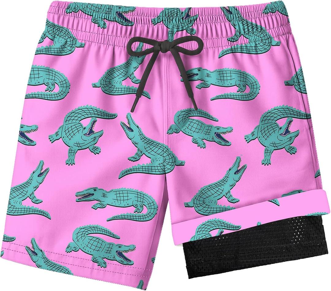 Boys Swim Trunks with Compression Liner for 7-16 Years,Quick-Dry Swim Shorts for Kids Teen,Sun Protection Swimming Trunks (Pink)