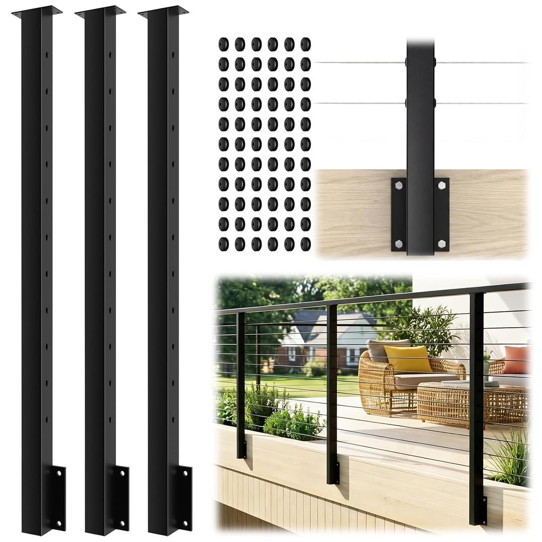 3 Pack Side Mount Level Drilled Cable Railing Post 36"x2"x2"(Post Body 44"), Fixed Top Line Post with 11 Holes, Fascia Mount Stainless Steel Cable Deck Rail Post, Black Wood Concrete Deck Post