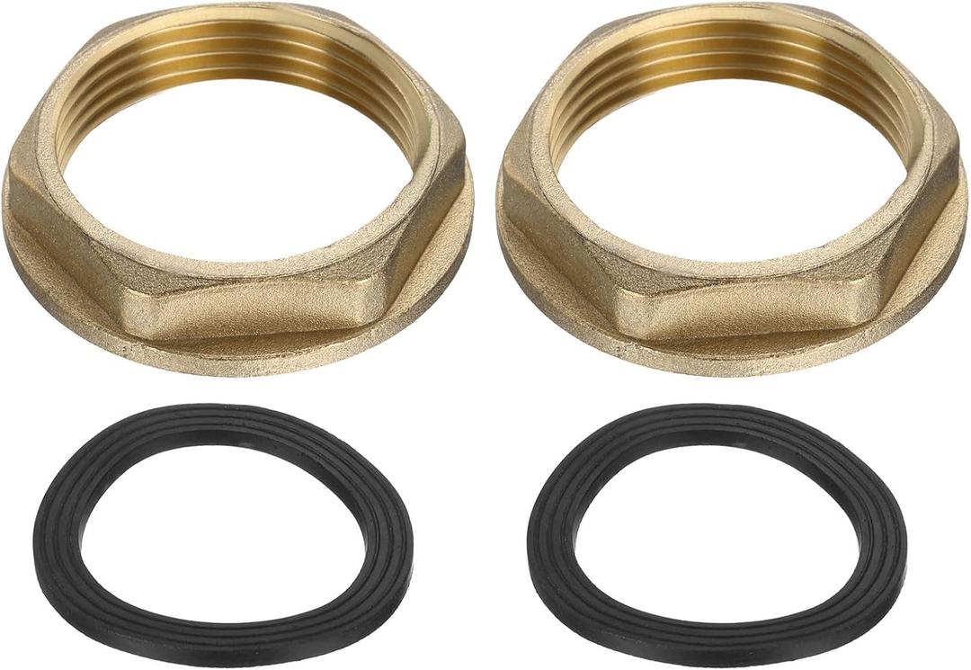 uxcell 2Pcs Brass Lock Nuts Pipe Fitting, G1-1/4 Female Hex Locknut, Flange Single Hole Faucet Lock Nut with Silicone Washer for Kitchen Basin Sink Plumbing