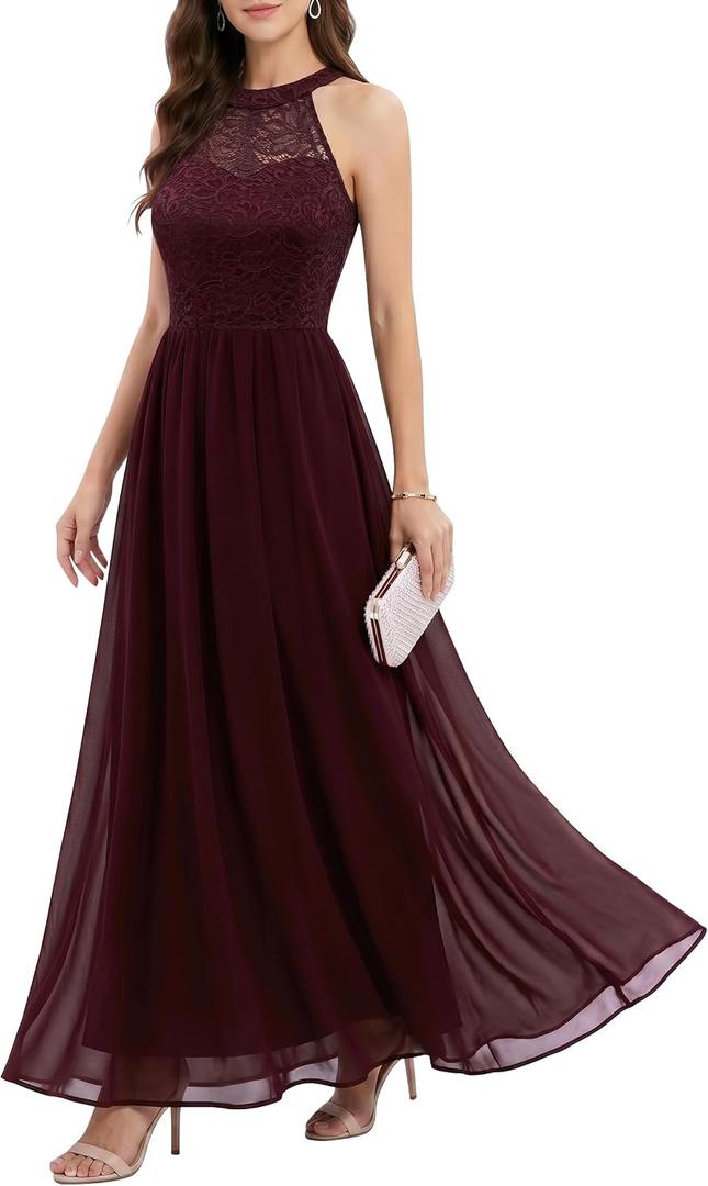 Wedtrend Women's Formal Dress, Halter Long Prom Dress Floral Lace Bridesmaid Dresses (Black), XL
