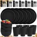 42-Piece Wheat Straw Dinnerware Sets for 6,Unbreakable Plates and Bowls Set,Dinner Plate/Dessert Plate/Cereal Bowl/Cup for Kitchen,Apartment Essentials, Outdoor Camping,Black