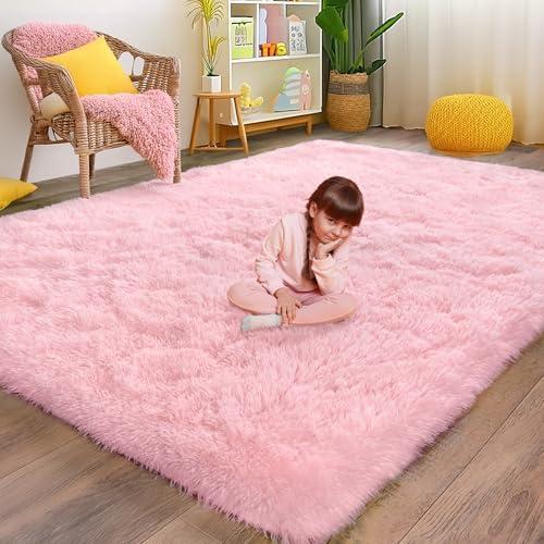 Large Shag Rugs 6 x 8, Pink Area Rug for Girls Kids Living Room Bedroom, Soft Fluffy Fuzzy Plush Carpet, Anti-Skid Shaggy Rug for Home Decor Aesthetic