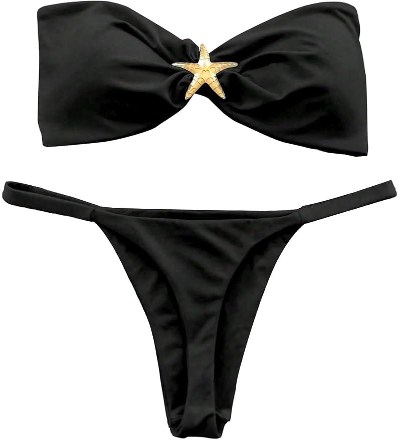 WDIRARA Women's 2 Piece Strapless Swimsuit Brazilian Thong Bikini Set Metal Starfish Bandeau Bathing Suit S