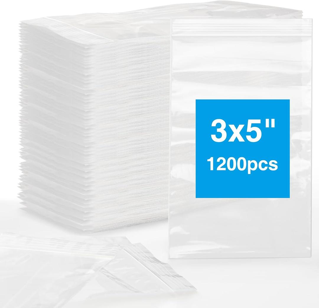1200pcs Plastic Bags, 3 x 5 inch 2 mil Jewelry Bags, Clear Small Zip Bag, Resealable Zip Bag for Small Business, Storage, Candy