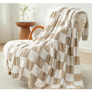 Snuggle Sac Checkered Throw Blanket Faux Fur Microfiber Blankets for Couch,Cozy Soft Warm Blanket for Sofa Bedroom Living Room,Beige Checker,50x60 inches