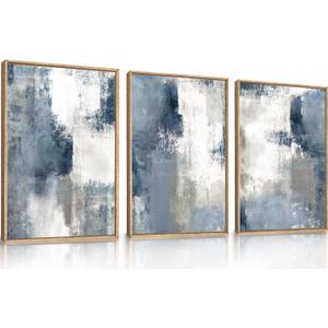 LHIUEM Large Abstract Brush Strokes Framed Canvas Wall Art Set,Navy Blue and Gray Wall Decor,Modern Color Block Shape Artwork,Minimalist Neutral Blue Printing for Living Room,Bedroom, Office-16''x24''x3