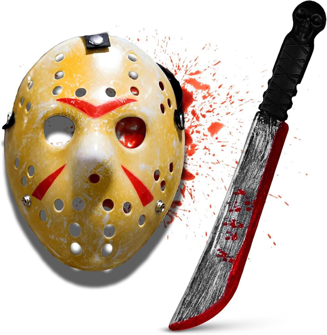 Yellow Horror Masquerade Party Hockey Mask & Slasher Machete Set for Halloween Cosplay Mask & Machete Prop Halloween Horror Adult Costume Parties