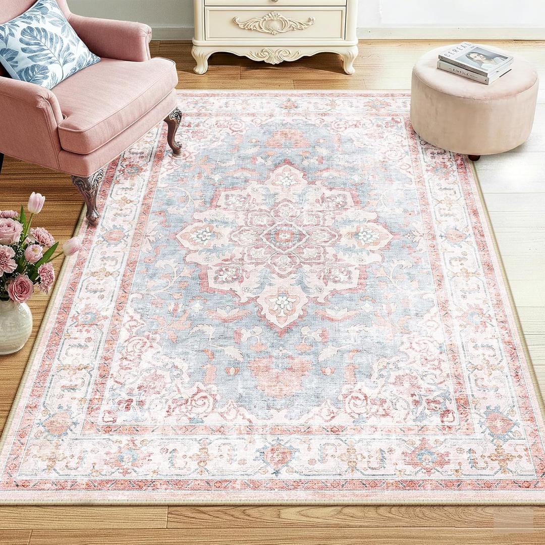 CAPALOCA Machine Washable Rugs Nursery Rug 4x6 Cute Girl Non Slip Low Pile Water Repellent Soft Print Pattern for Bedroom Indoor Decor Kids Playroom Pink Blue
