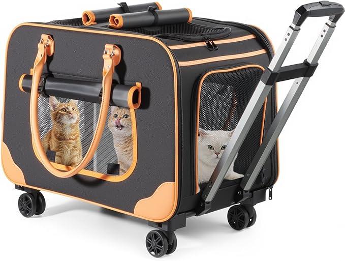 Large Cat Carrier with Wheels, Rolling Cat Carrier, 24"x 15"x 15.4" Dual Independent Spaces Pet Carrier with Wheels for 2 Cats up to 50 LBS, Ideal for Travel, Walking and Camping(NOT for TSA)