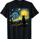 Cat Starry Night Van Gogh Cat For Cat Lover Cat Mom Cat Dad T-Shirt (Small, Black)