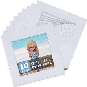 Somime 10 Pack Pre-Cut 12x12 White Picture Mats for 8x8 Photos - White Core Bevel Cut Frame Matte, Acid Free, Ideal for Frames/Artwork/Prints