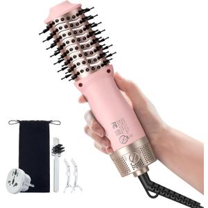Slopehill Mini Travel Dual Voltage Hair Dryer Brush,1000 Watts Hot Air Brush with European Plug, Ionic Hair Dryer and Styler for Women, Oval Barrel 2 Heat & 2 Speed for International Travel Pink