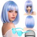 Pastel Blue Bob Wig with Bangs, 12 Inch Short Straight Bob Wig, Vibrant Cosplay Wig,Heat Resistant Synthetic, Adjustable Straps Wigs for Women Girl Party,Festival,with 2 Free Wig Caps