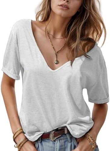 WIFFGO Womens Summer T Shirts Tops 2025 V-Neck Short Sleeve Tees Tops Lightweight Casual Blouse Loose Fashion Top A-White L