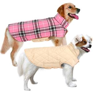 MIGOHI Winter Dog Jackets, Reversible Windproof Waterproof, British Plaid Coat for Small Medium Large Dogs, Pink, L