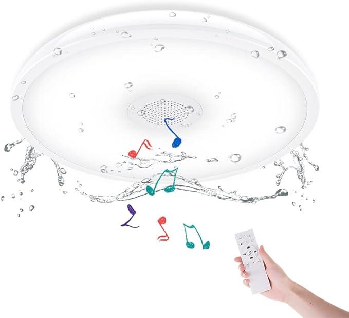 HOREVO Bathroom Ceiling Light Fixture, Waterproof IP65 18W LED Music Ceiling Lamp with Remote Control with Bluetooth Speaker, FCC and UL1598 Certified for Kitchen, Laundry, Hallway (Need Wired)