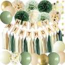 ANSOMO Sage Green Happy Birthday Party Decorations Retro Green Nude Ivory Dark Olive Kraft Paper Banner Balloons Neutral Rustic Boho Blush Safari Botanical Greenery Wild Décor Supplies Women Adults