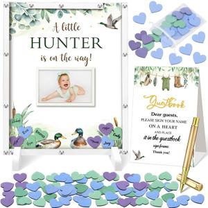 Beeveer 65 Pcs Mallard Duck Baby Shower Guest Book Alternatives He or She Gender Reveal Baby Shower Decorations Animal Sign in Guest Book with Picture Frame and 60 Wooden Chip