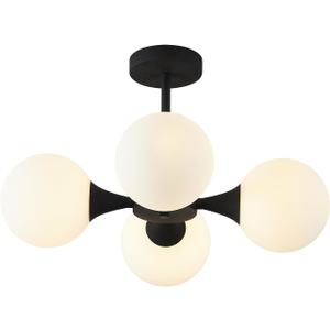 KCO Lighting Mid Century Modern Semi Flush Mount Ceiling Light Fixture Farmhouse Black Globe Sputnik Chandelier Ceiling Light 4-Light Milk Glass Hallway Ceiling Light