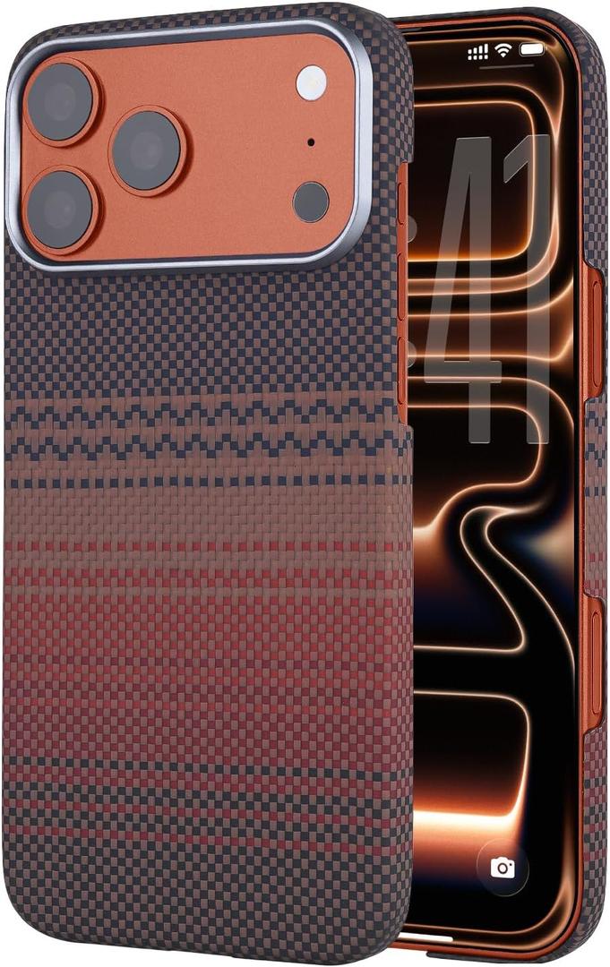 Ultra Slim Carbon Fiber Case Compatible with iPhone 17 Pro Max, 600D Real Aramid Fiber, Lightweight Protective Cover Compatible with Magsafe,Nonslip Matte Finish, Caseless Feel, (Sunset)