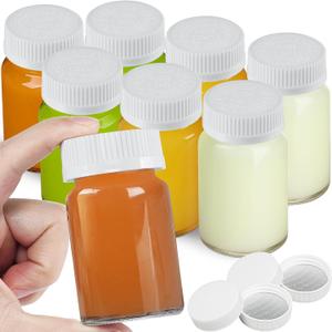 Syntic 8 Pack 2.5 Oz Wide Mouth Juice Shot Bottles with 8 Sealed Press Screw Caps & 4 Airtight Lids! Clear Small Glass Ginger Shot Bottles for Oil, Ginger, Travel Bottle, Reusable and Dishwasher Safe