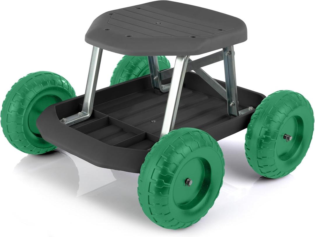 Pure Garden 82-VY021 Cart Rolling Stool with Wheels Seat, and Tool Tray for Weeding, Planting, or Lawn Care  Gardening Accessories and Supplies, 17.5x19, Green/Black