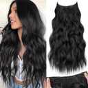 KooKaStyle Invisible Wire Hair Extensions with Transparent Headband Adjustable Size 4 Secure Clips Black Long Wavy Synthetic Hairpiece 20 Inch for Women