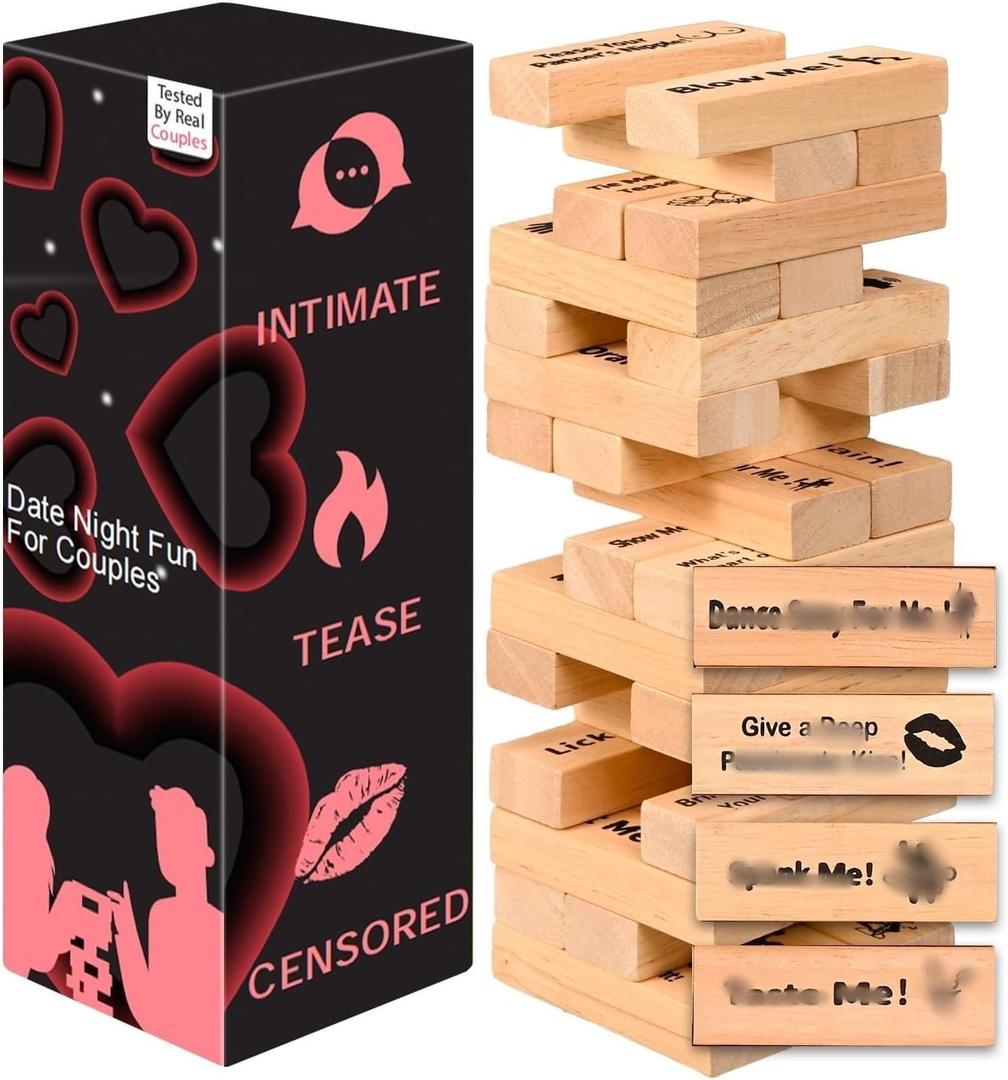 48Pcs Couples Games for Adults, Wooden Lust Tower Stacking Game for Date Night Party, Romantic Intimacy Valentines Gifts for Women Men Couple