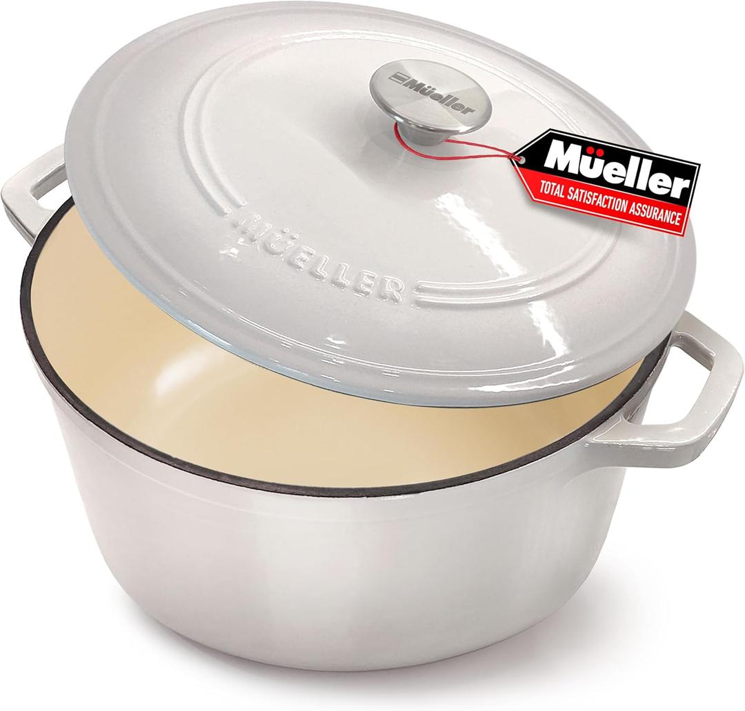 Mueller Cast Iron Dutch Oven Pot with Lid, 6 Quart Enameled, Dual Handles, Stainless Steel Knob, Stew Pot, Induction Pot - For Braising, Roasting, Baking, Cast Iron Bread Pan with Lid, White
