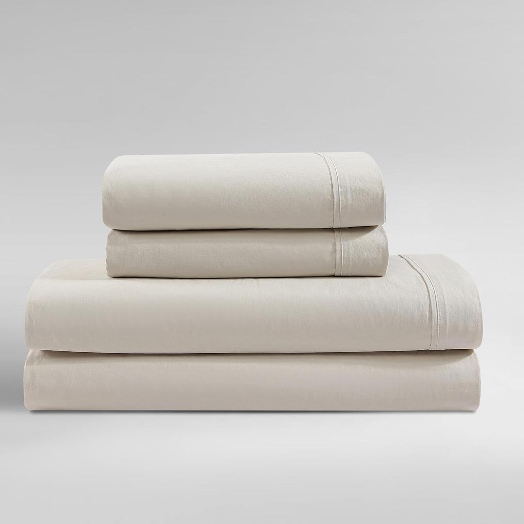 Calvin Klein - Queen Size Sheet Set, 100% Long-Staple Cotton Percale Bedding, Crisp & Cool, Deep Pockets, Bed Sheets with Matching Fitted Sheet & Pillowcases (Washed Percale Light Beige)