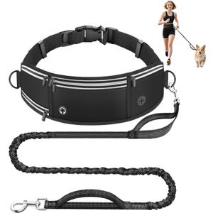 Hands Free Dog Leash with Waist Belt & Zipper Pouch, Heavy Duty Waist Leash for Running, Walking, Jogging and Hiking, Professional Tangle Free Reflective Control Lead for Large Medium Dogs