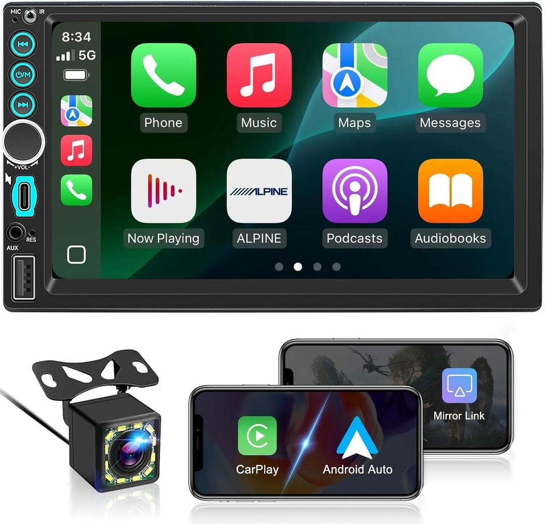 7'' Wireless Double Din Car Stereo Carplay Radio Screen for Car Audio Receivers, Bluetooth Car Play Android Auto Touchscreen, Mirror Link, FM/AM, Backup Camera, Type-C
