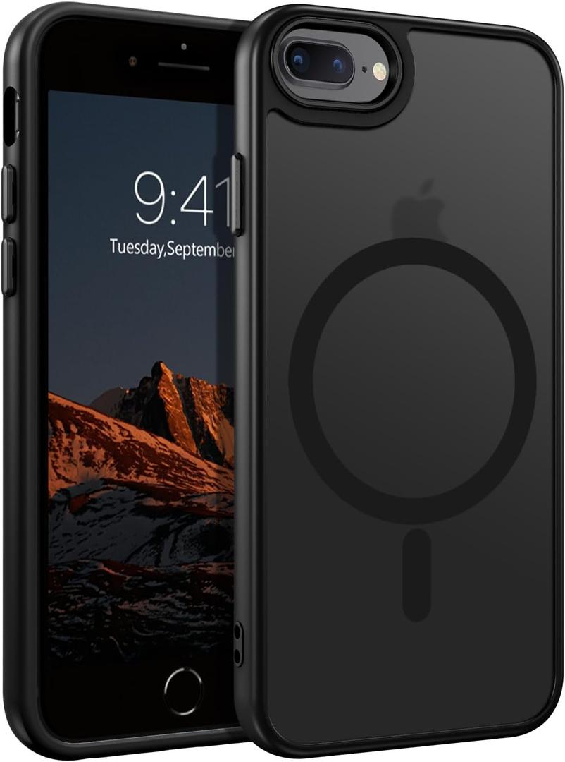 DUEDUE for iPhone 8 Plus Case, iPhone 7 Plus Case Magnetic[Compatible with Magsafe], Translucent Matte Back Protective Cover Anti-Scratch Shockproof Phone Case for iPhone 7 Plus/8 Plus, Black