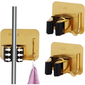 Mop and Broom Organizer Wall Hanging No Drill,Metal Utility Tool Hangers Wall Mountable,Garage Closet Organizer Heavy,Storage Rack Self Adhesive 2Pcs for Bathroom, Kitchen, Office,Laundry.Gold