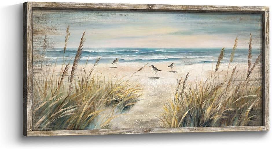 Beach Coastal Framed Wall Art: Ocean Sea Bird Seagull Painting Picture Wooden Peaceful Seaside Sand Seascape Artwork Print Decor for Bedroom Living Room Office (40L" x 20W")