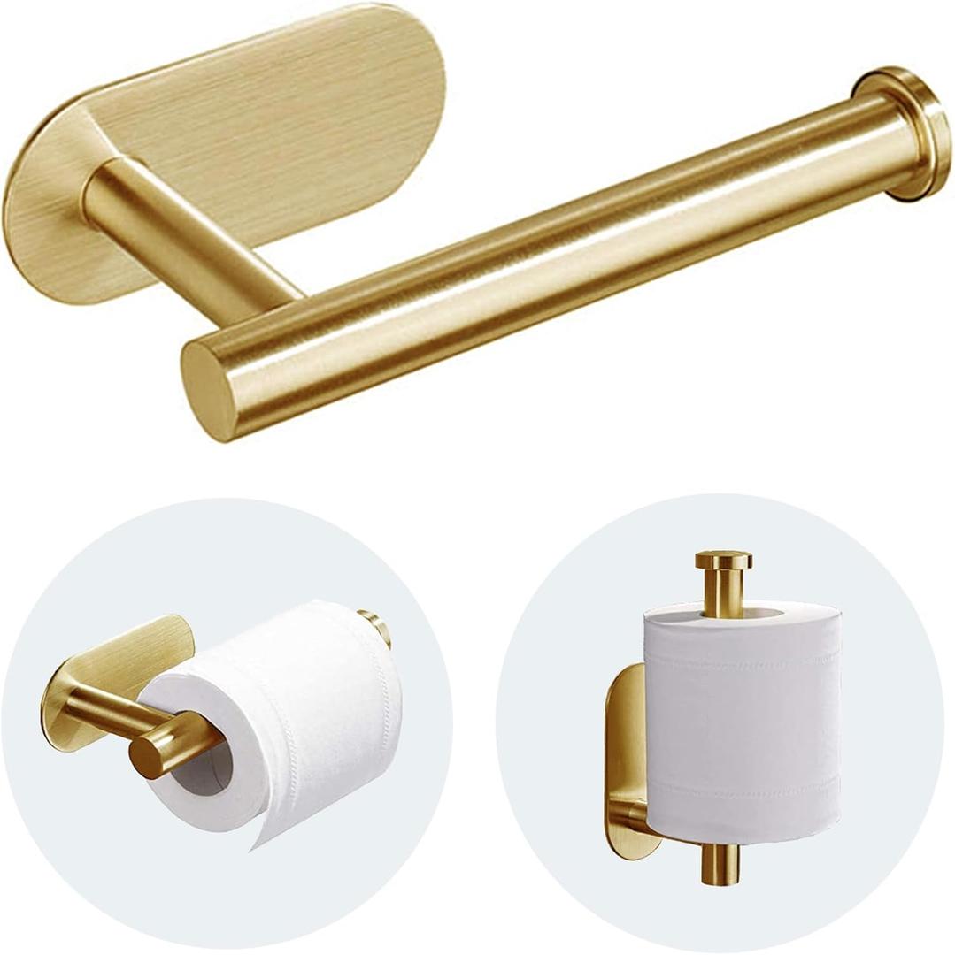 Toilet Paper Holder - Self Adhesive Toilet Paper Holder Wall Mount for Bathroom, SUS 304 Stainless Steel Command Strip Toilet Paper Roll Holder Stick On Wall, No Drilling - Brushed Gold, 2pcs