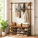 Solid Wood Hall Tree with Bench, Shoe Rack & 11 Hooks 42.9''