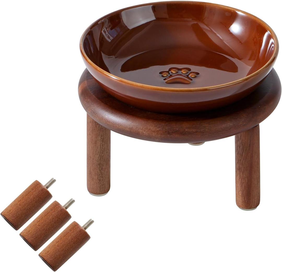 Elevated Ceramic Paw Print Cat Dish, Wide Whisker Friendly Anti-Slip Food & Water Bowl with 2 Heights Adjustable Acacia Wooden Stand for Cats (1 Dish + 1 Stand, Caramel Brown)