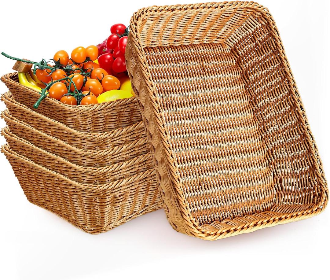 Eccliy 6 Pack Poly Wicker Bread Baskets 19 Inch Imitation Rattan Serving Trays for Bread Snacks Fruit Vegetables Tabletop Display Basket for Kitchen Restaurant Home Hotel