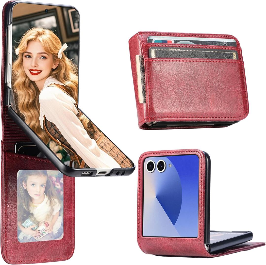 for Samsung Galaxy Z Flip 7 Wallet Case with 4 Card Slots, Premium PU Leather Case Business Style Slim Shockproof Protective Cover for Galaxy Z Flip7 - DK Claret