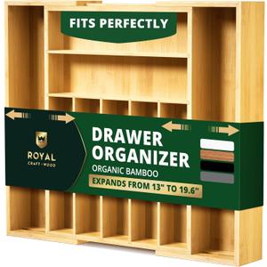 ROYAL CRAFT WOOD Luxury Bamboo Kitchen Drawer Organizer - Silverware Organizer, Utensil Holder & Cutlery Tray Drawer Dividers for Flatware (9 Slot, Natural)